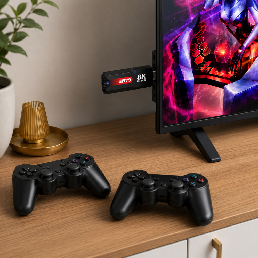 عصا ألعاب بدقة 8K فائقة الوضوح مع وحدتي تحكم لاسلكيتين – جهاز ألعاب بمنفذ HDMI